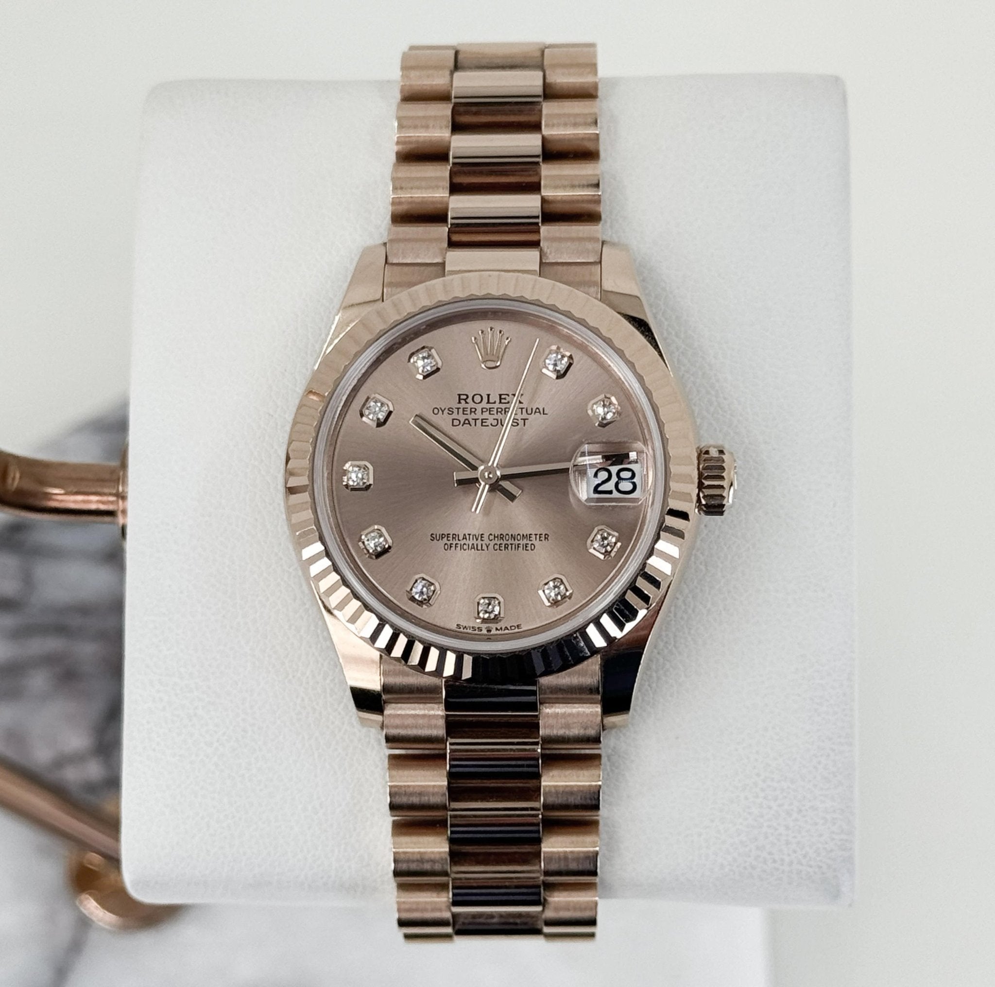 Rolex Datejust 31 Lady Midsize Rose Gold Chocolate Diamond Dial & Fluted Bezel President Bracelet 278275 - Luxury Time NYC